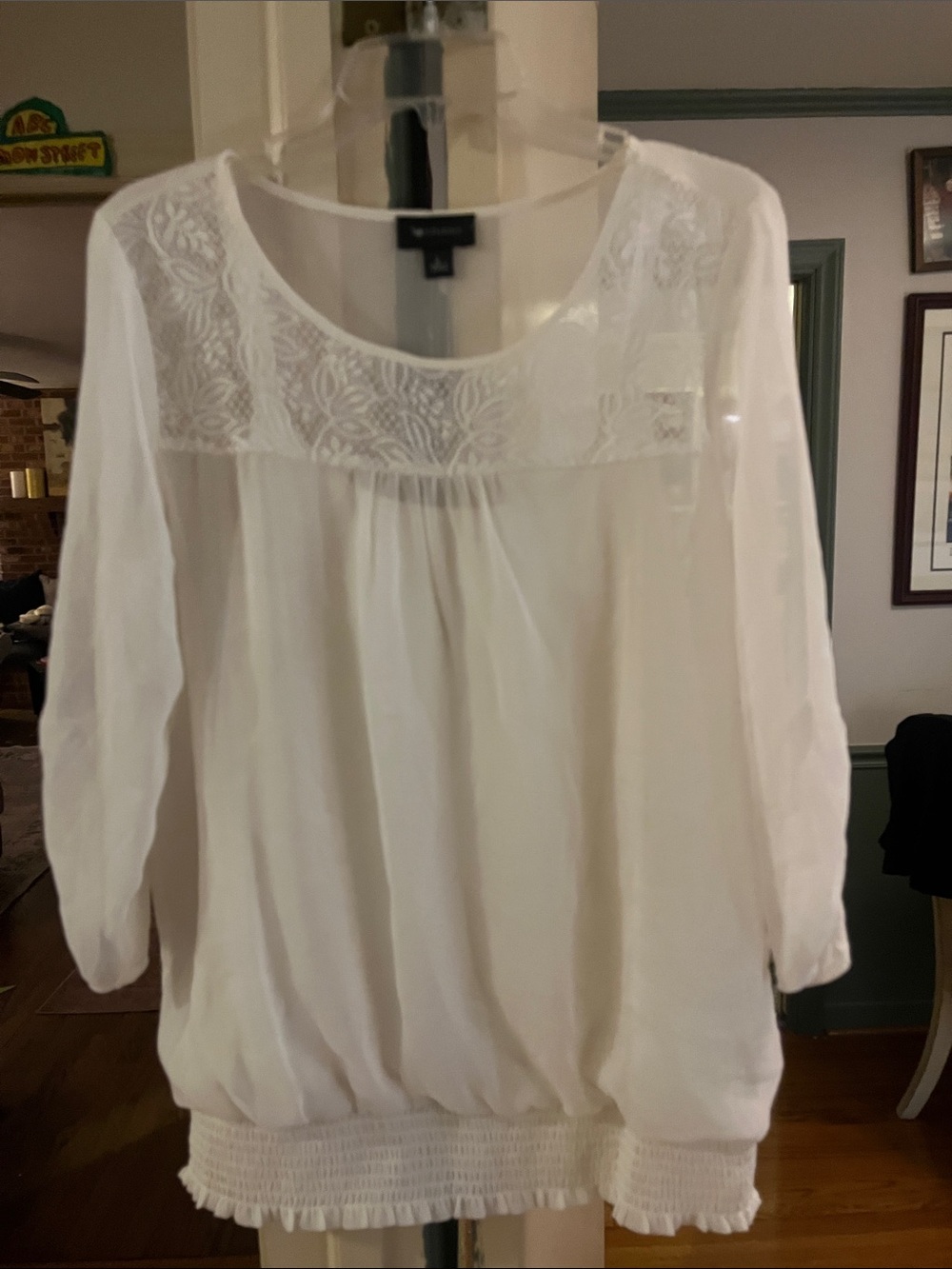 AB Studio White Embroidered Yoke Smocked-Hem Tunic